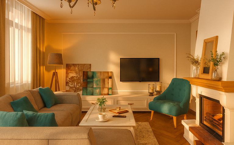 Wnętrze salonu w stylu art deco i tradycyjnym z kanapą