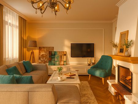 Wnętrze salonu w stylu art deco i tradycyjnym z kanapą