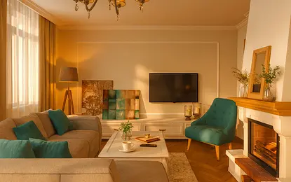 Wnętrze salonu w stylu art deco i tradycyjnym z kanapą