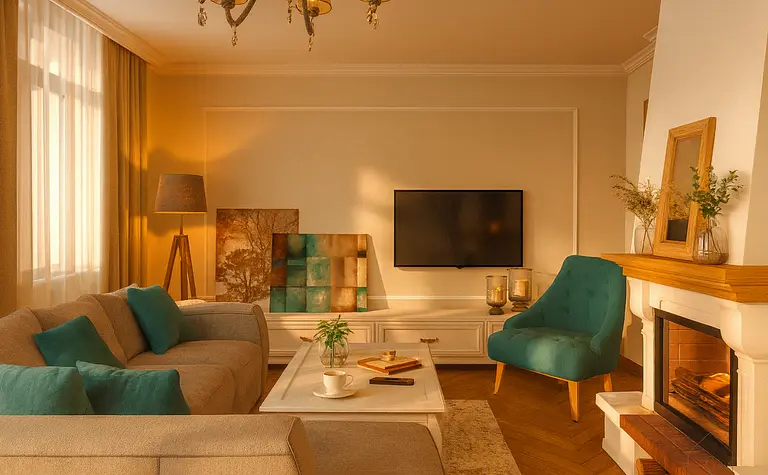 Wnętrze salonu w stylu art deco i tradycyjnym z kanapą