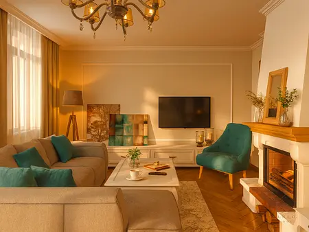 Wnętrze salonu w stylu art deco i tradycyjnym z kanapą
