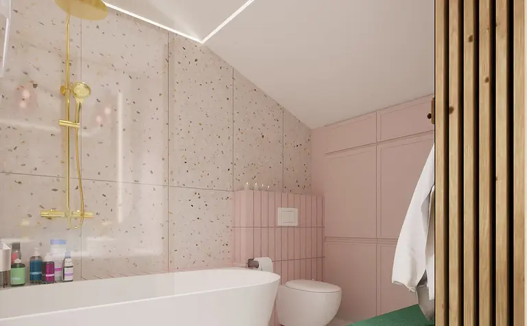 Stylowa łazienka w boho, eklektycznym i skandynawskim stylu z wanną i różowymi ścianami.