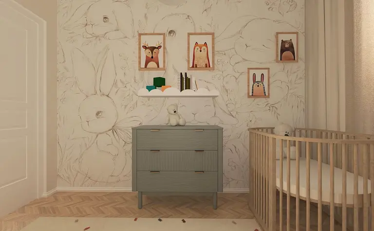 Pokój dziecięcy w stylu art deco i glamour z zieloną komodą i rysunkami zwierząt.