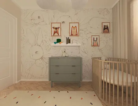 Pokój dziecięcy w stylu art deco i glamour z zieloną komodą i rysunkami zwierząt.