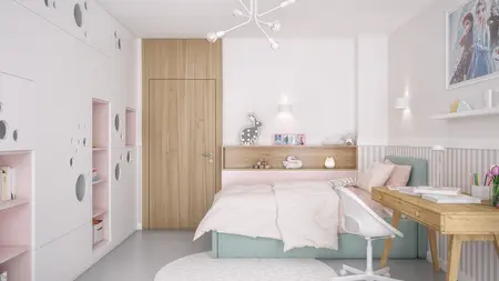 Pokój dziecięcy w stylu nowoczesnym i skandynawskim z różowym łóżkiem i drewnianym biurkiem.