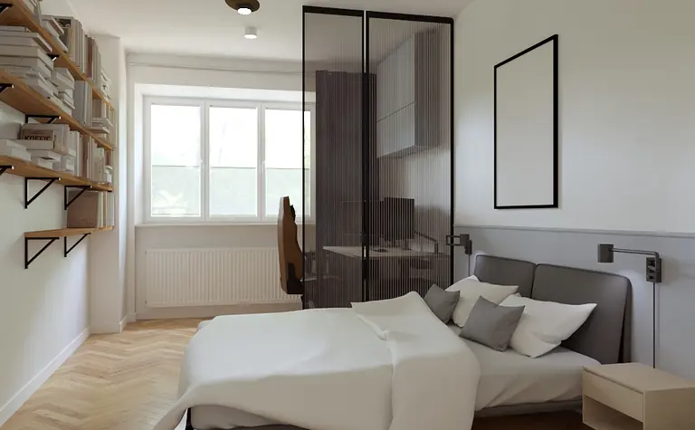 Wnętrze sypialni z łóżkiem, regałem, styl dopamine decor, eklektyczny, japandi, nowoczesny