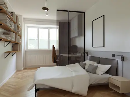 Wnętrze sypialni z łóżkiem, regałem, styl dopamine decor, eklektyczny, japandi, nowoczesny