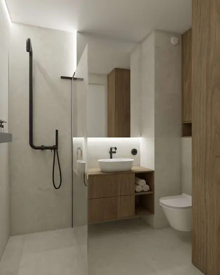 Eklektyczna łazienka w stylu japandi z minimalistycznymi detalami.