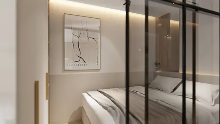 Wnętrze sypialni z nowoczesnym łóżkiem, obrazem oraz drewnianymi akcentami, styl glamour i japandi.