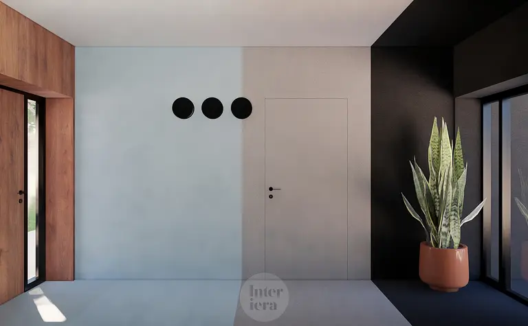 Eklektyczny przedpokój z drewnianymi ścianami, minimalistycznymi detalami i rośliną.