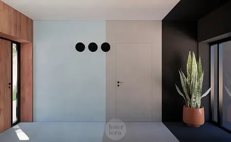 Eklektyczny przedpokój z drewnianymi ścianami, minimalistycznymi detalami i rośliną.