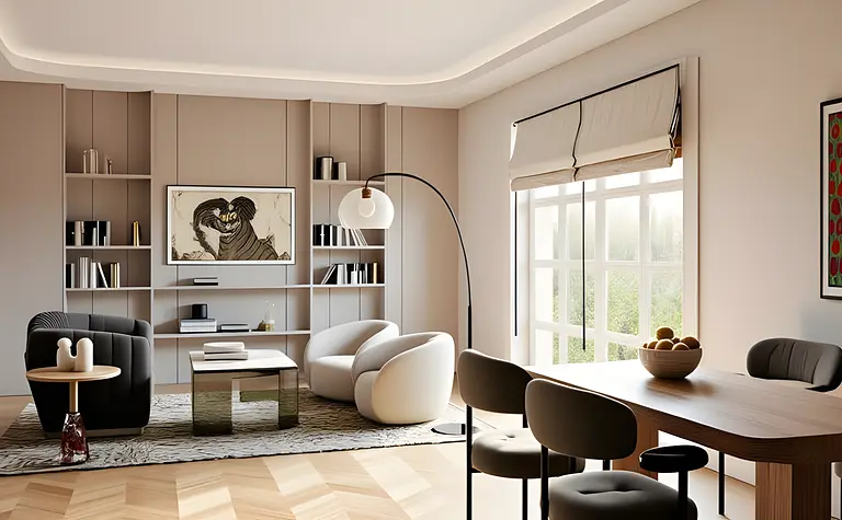 Wnętrze salonu z minimalistycznymi meblami, eklektycznymi akcentami i dużymi oknami.