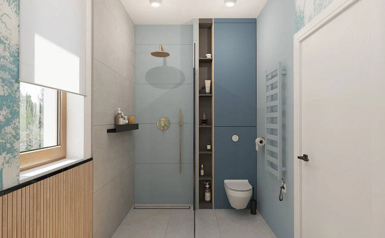 Nowoczesna łazienka z niebieskimi i szarymi elementami, art deco, minimalizm, quiet luxury.