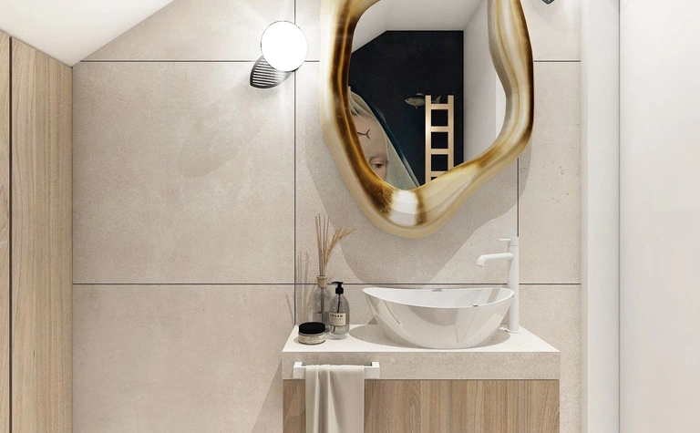 Łazienka w stylu art deco, eklektycznym i nowoczesnym z eleganckim lustrem.