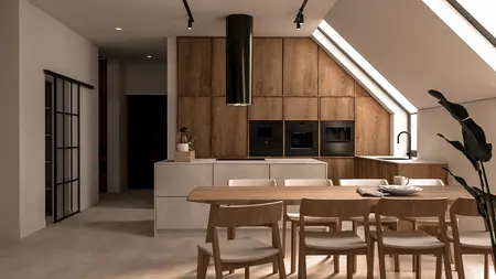 Wnętrze kuchni w stylu minimalistycznym, nowoczesnym i skandynawskim z drewnianymi meblami.