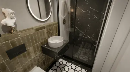 Wnętrze łazienki w stylu art deco z czarną kabiną prysznicową, umywalką i dekoracjami.