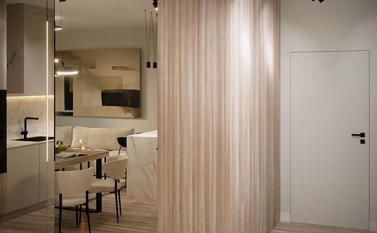 Minimalistyczne wnętrze z drewnianą ścianą i jadalnią.