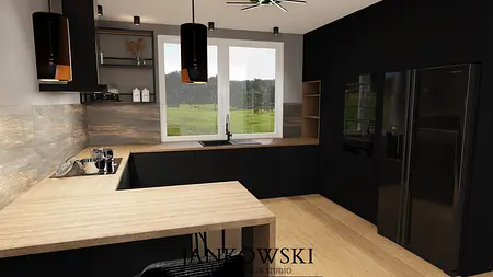 Nowoczesna kuchnia z czarnymi meblami, drewnianym blatem i dużym oknem, styl art deco i japandi