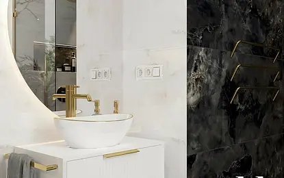Nowoczesna łazienka z umywalką, złotymi detalami, art deco, glamour, quiet luxury