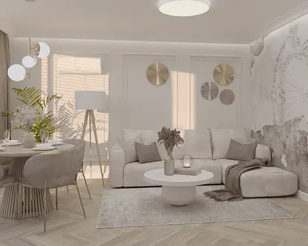 Nowoczesny salon w stylu quiet luxury z jasnym wypoczynkiem i drewnianymi akcentami.