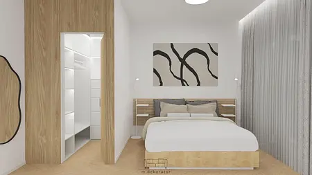 Sypialnia w stylach japandi, minimalistycznym i skandynawskim z drewnianymi akcentami.