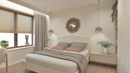 Sypialnia z boho, japandi, minimalistycznym i nowoczesnym stylem, z roślinami.