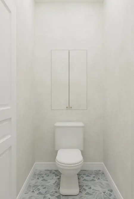 Toaleta w stylu art deco z białą ceramiką i szarym wykończeniem, minimalistyczne detale.