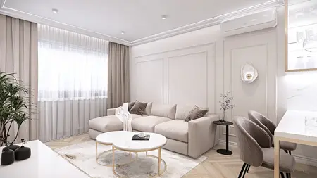 Wnętrze salonu w stylu minimaluxe z beżową sofą i nowoczesnymi akcentami.