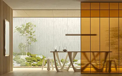 Wnętrze w stylu industrialnym, japandi i minimalistycznym z drewnianym biurkiem i roślinnością.