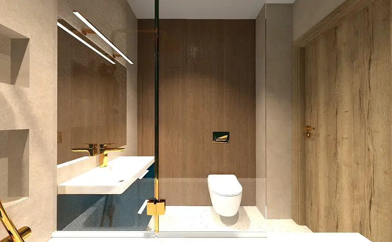 Współczesna łazienka z drewnianymi ścianami i nowoczesnym wyposażeniem.