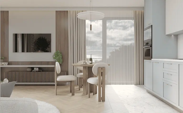 Eklektyczne i minimalistyczne wnętrze salonu z jasną podłogą i nowoczesną kuchnią