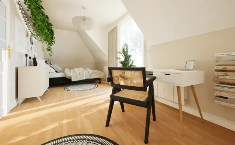 Wnętrze pokoju z biurkiem, roślinami i jasnymi kolorami, styl boho