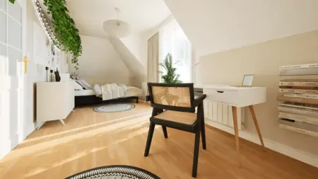Wnętrze pokoju z biurkiem, roślinami i jasnymi kolorami, styl boho