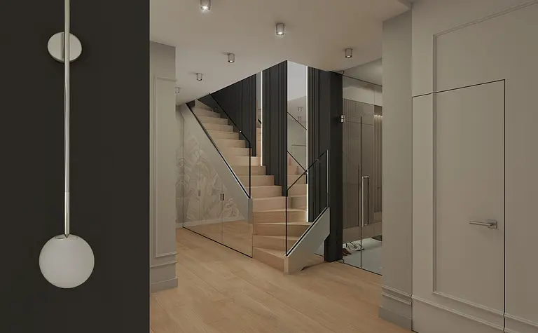 Przedpokój z drewnianymi schodami i nowoczesnymi detalami w stylu glamour