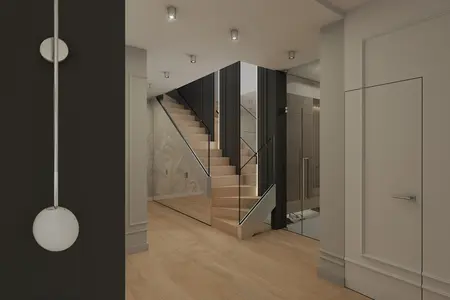 Przedpokój z drewnianymi schodami i nowoczesnymi detalami w stylu glamour