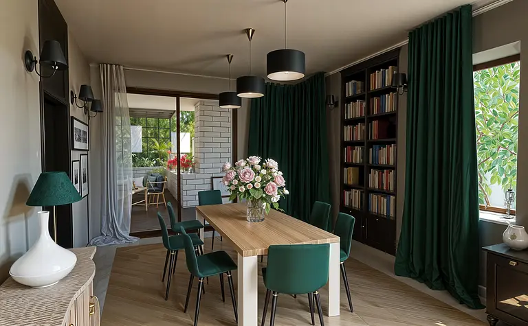 Jadalnia w stylu art deco z nowoczesnym akcentem, tradycyjnymi meblami i elementami quiet luxury.