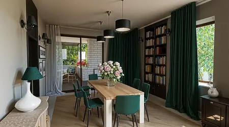 Jadalnia w stylu art deco z nowoczesnym akcentem, tradycyjnymi meblami i elementami quiet luxury.