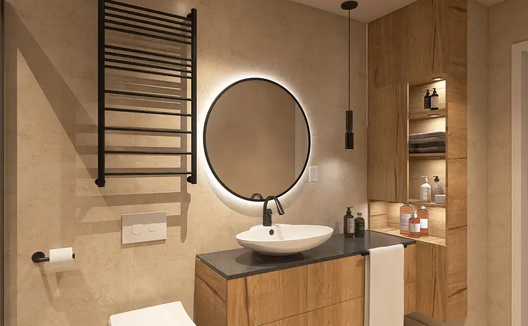 Tradycyjna i współczesna łazienka z drewnianymi meblami i okrągłym lustrem