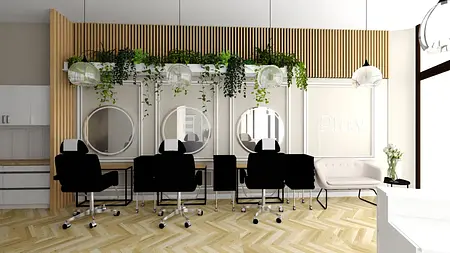 Wnętrze biura z roślinnością, okrągłymi lustrami i biurkami w stylu tradycyjnym.