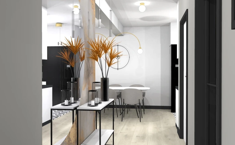 Przedpokój w stylu art deco z elementami japandi i glamour, z roślinami i nowoczesnymi lampami.
