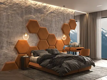 Wnętrze sypialni z brązowym łóżkiem i szarymi ścianami w nowoczesnym stylu.