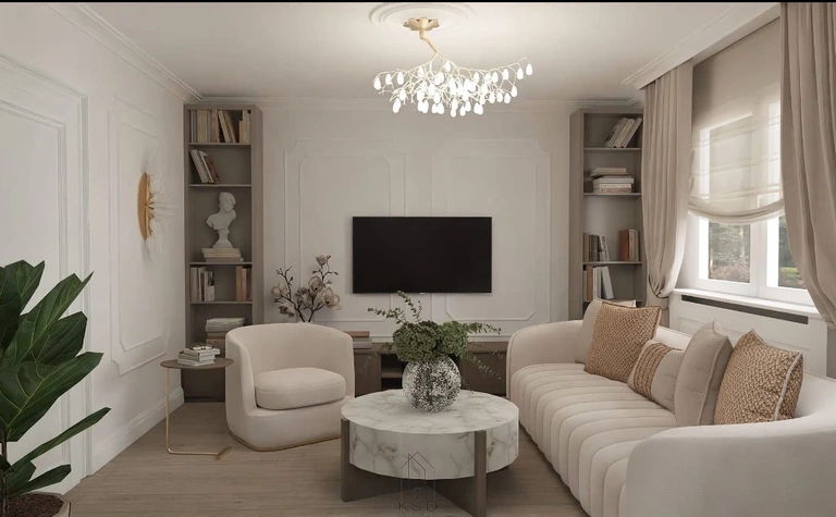 Wnętrze salonu w stylu art deco z beżową sofą i roślinnością.
