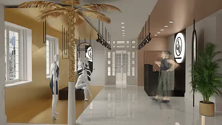 Wnętrze recepcji w stylu glamour, minimalistycznym i minimaluxe z palmą.