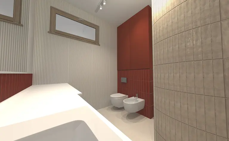 Wnętrze łazienki w stylu eklektycznym z białymi meblami i czerwonymi ścianami.