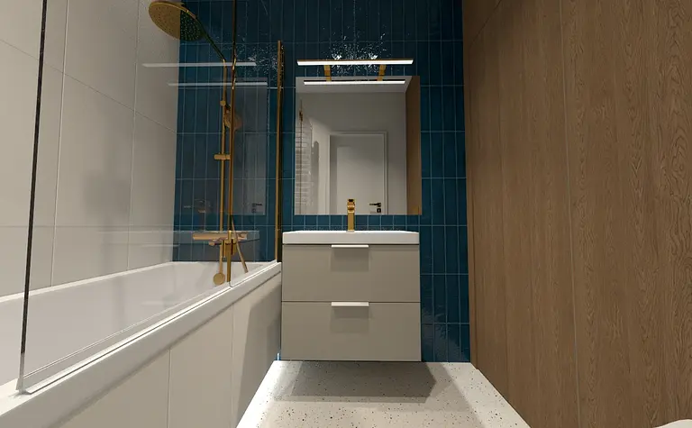 Współczesna łazienka z niebieskimi kafelkami i drewnianymi elementami.