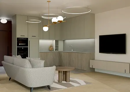 Wnętrze nowoczesnej kuchni z szarymi meblami i skandynawskim designem.