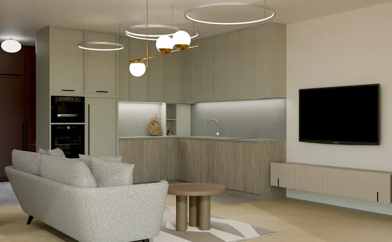 Wnętrze nowoczesnej kuchni z szarymi meblami i skandynawskim designem.