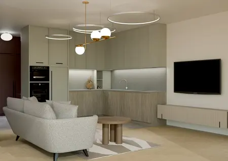 Wnętrze nowoczesnej kuchni z szarymi meblami i skandynawskim designem.