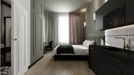 Wnętrze pokoju z aneksem kuchennym, w stylu art deco i eklektycznym.