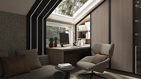 Współczesny gabinet z biurkiem, komputerem i roślinami.